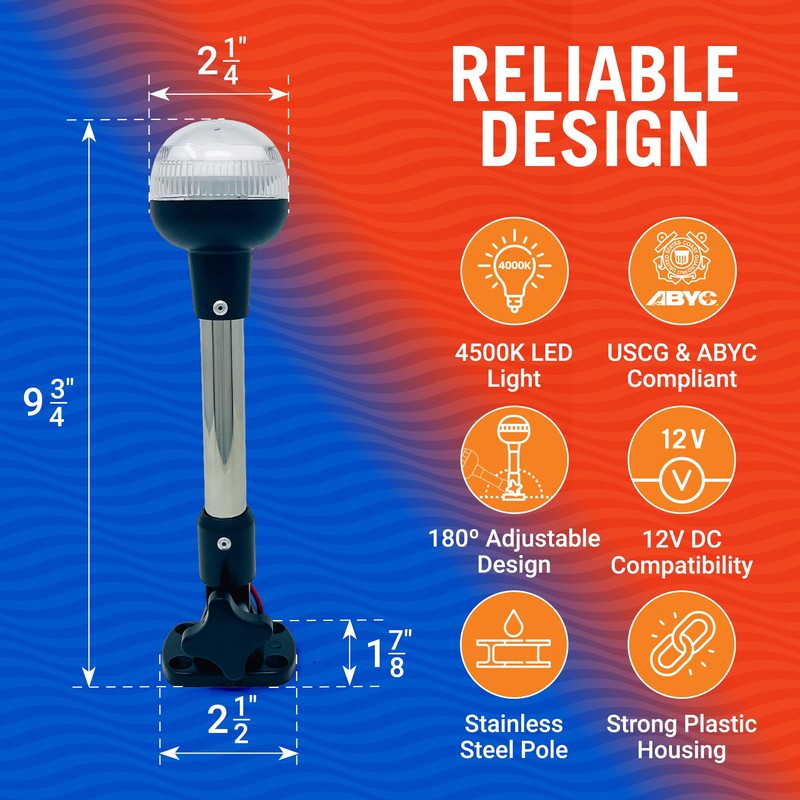 Boat Anchor Light, 9" LED Stern Light, USCG Tested Fold-Down