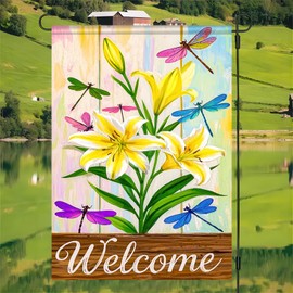 BlissYard Welcome Garden Flag 12x18 Double Sided Small Flags with Yellow Lilies Dragonflies for Spring Summer Garden Flags Outside Outdoor Holiday Seasonal Decor Yard Flags Yard Patio Lawn Decoration