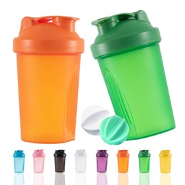 YAYAYOUNG Protein Shaker Bottle, 400 ml, Leak-Proof, BPA-Free, Protein Shaker for Supplement Shakes with Strainer & Scale, Fitness Mixer for Creamy Whey Protein Powder Shakes, (Orange + Green (2