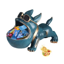 Key Bowl for Entryway Table and Candy Bowl Dish for Office Desk Funny Coffee Table,Pug French Bulldog Statue Retro Blue Resin Statues for Home Decor as Gifts with a Storage Big Mouth Dog