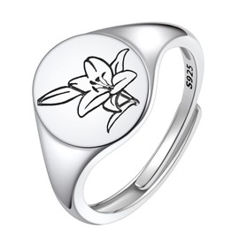 Silver Signet Ring for Women Fashion Birth Flower Ring May Lily Floral Stamped Adjustable Boho Statement Ring