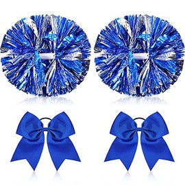 2 Pack 14 Inch Cheer Pom Poms with Baton Handle and 2 Packs Large Cheer Bow Cheerleader Pom Poms and Cheerleader Hair Bows for Teen Girls Softball Dance Cheerleader Outfit Uniform(Blue)