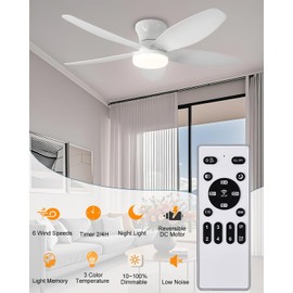 AYSEMO 36" Low Profile Ceiling Fan with Lights & Remote - 6-Speed Wind, Dimmable 3-Color LED, Reversible DC Motor, Timer, Memory Function, Ultra Quiet for Bedroom/Living Room/Patio (White)