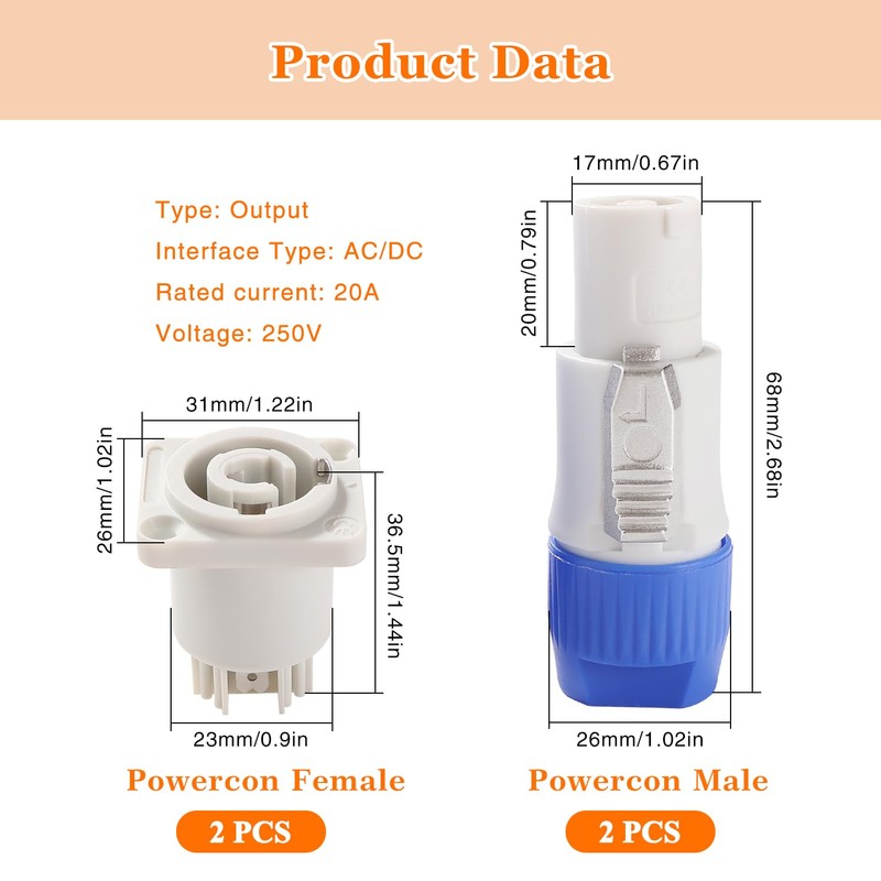 KUOQIY 2 Set 20A 250V AC 3-Pin Powercon Plug Output,
