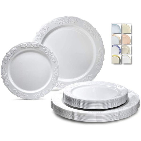 " OCCASIONS" 50 Plates Pack (25 Guests)-Vintage Wedding Party Disposable Plastic Plate Set -25 x 10.25'' Dinner + 25 x 7.5'' Salad/Dessert plates (Portofino Plain White)