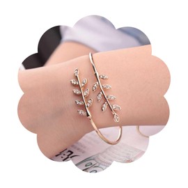 Dervivea Vintage Crystal Leaf Bangle Bracelet Gold CZ Leaf Bracelet Olive Leaf Cuff Bracelet Rhinestone Leaves Bracelet Leaf Hand Chain Jewellery For Women, Zinc