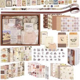 ZODKSNO 346pcs Aesthetic Scrapbook Kit, Vintage Scrapbooking Paper Kit with A6 Grid Notebook and DIY Tools for Photo Albums Decoration (Brown)