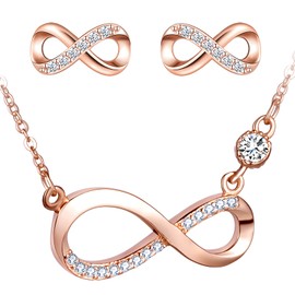CPSLOVE Necklace and Earrings for womens and girls, 925 sterling silver necklace pendant and earrings, women's jewelry set, Infinity symbol necklace earrings studs, Inlaid shiny zircon, rose gold