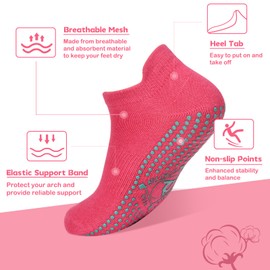 GRPSKCOS Non Slip Yoga Socks 4 Pairs Grip Pilates Socks Women Non Slip Socks for Ballet Barre Hospital Home Pilates(01 Black+Grey+Purple+Rose Red, 4-7)