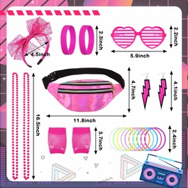 UxClishe 80s Fancy Dress for Women, 80s Costume Accessories Set 1980s Costume Outfit with T-shirt Pantalon Fanny Pack Neon Accessories 80s Workout Costume Disco Outfit for Retro Theme Party Dress