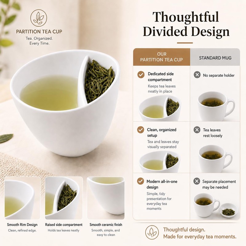 Divided Ceramic Tea Cup for Loose Leaf Tea & Drip
