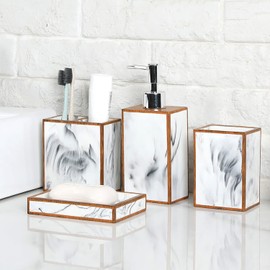 MyGift 4 Piece Bathroom Counter Top Accessories Set with Marble Design Wood Trim, Includes Liquid Soap or Lotion Dispenser, Tumbler, Toothbrush Holder and Soap Dish