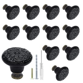 Biaungdo 12 Pcs Black Ceramic Kitchen Cabinet Knobs, Retro Ceramic Dresser Knobs, Vintage Round Drawer Knobs, Decorative Knobs and Pulls, Closet Door Knobs Handles for Cabinet, Drawer, Cupboard