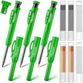 Hiboom 3 Pack Carpenter Pencils with 2.8 mm Multi Color Refills, Heavy Duty Woodworking Marking Tool Built in Sharpener Ideal for Marking on Solid Long Nosed Deep Hole(Green,36)