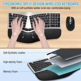 Ergonomic Wireless Keyboard Mouse Combo, EDJO Bluetooth/2.4G Dual Channel, Split Design, Soft Foam Palm Rest, 4 Level DPI Adjustable Wireless Mouse, Rechargeable, for Windows/Mac/Android(Sliver)