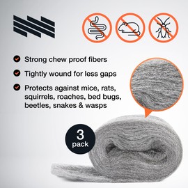 MaPorch Steel Wool Mouse Hole Filler - 3-Pack, 2.5 in x 7.5 ft - Malleable Gap Sealer for Wall Gaps - Hole Sealer for Mice Control at Pipe Openings - DIY Kit with Gloves & Scissors