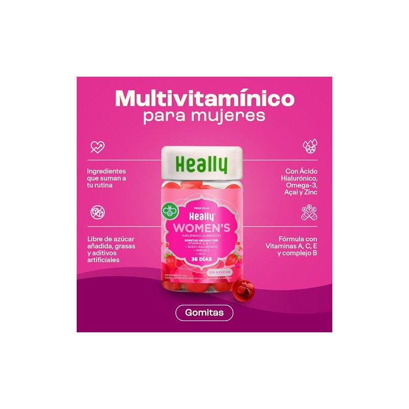 Multivitamínico Mujer Ácido Hialurónico Omega Vitaminas Gomitas Sabor Fresa Granada