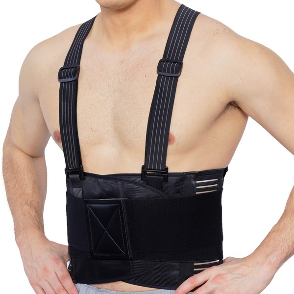 NeoTech Care Adjustable Back Brace Lumbar Support Belt with Suspenders, Charcoal Color, Size S