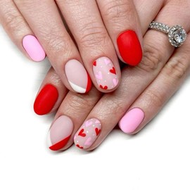 Red Pink Heart Press on Nails Matte Fake Nails Short Oval Glue on Nails Romantic French Tip Acrylic Nails for Women DIY Stick on Nails