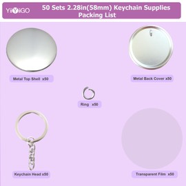 YiiYiiGO Button Maker Keychain Supplies, 50 Sets Pin Making Kit for 2.28"/58mm Pin Maker Machine with Metal Shell Keychain Back Cover, Metal Top Cover, Clear Film and Chain Head