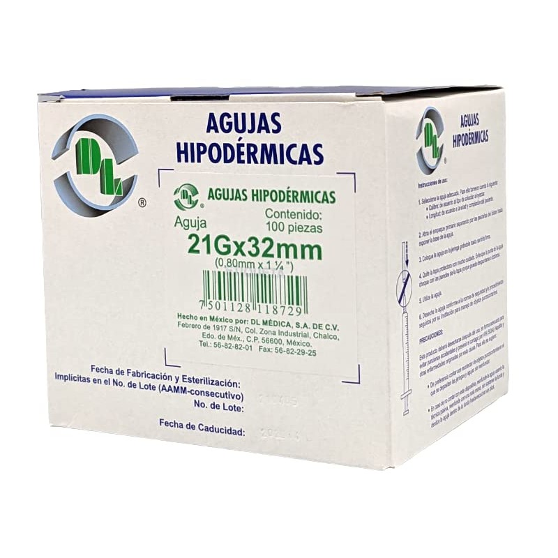 Caja 100 Agujas Hipodérmica Desechable Calibre 21G x 32 mm