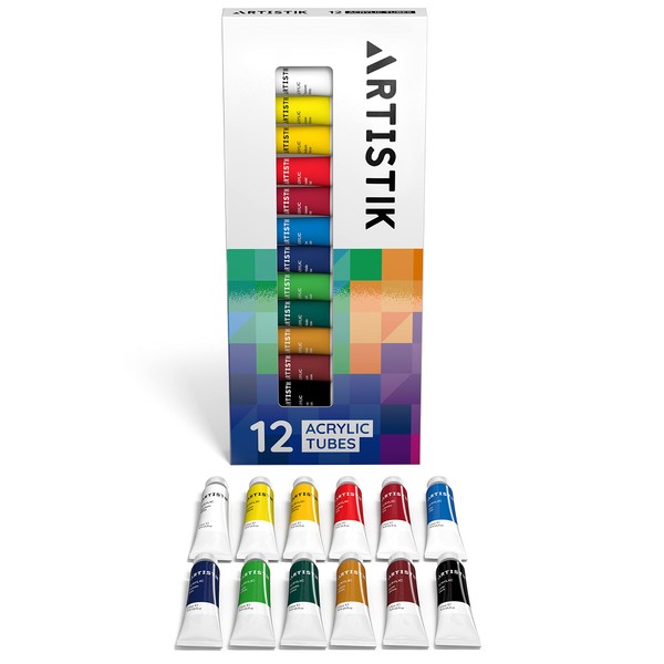 ARTISTIK Acrylic Paint Set - 12 Piece Set of Professional Painting Acrylic Paints with Vivid Pigments and Rich Colours for Any Age and Skill Level (Set of 12 Tubes)