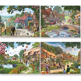 Bits and Pieces - 4-in-1 Multi-Pack - 300 Piece Jigsaw Puzzles for Adults-Each Measures 16" x 20" (46cm x 61cm)-Village Life by Artist Steve Crisp