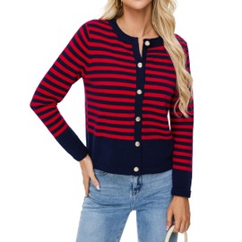 BMJL Women's Striped Cardigan Sweaters Lightweight Cropped Long Sleeve Tops Button Down 2024 Fall Outfits Trendy (Large, Blue Red)