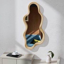 osemy Irregular Wall Mirror, Wooden Framed Wall Mirror, Asymmetrical Wavy Wall Mirror for Living Room Bedroom Entryway Bathroom Modern Decorative Mirror with Hanging Hooks 30x14 Inch