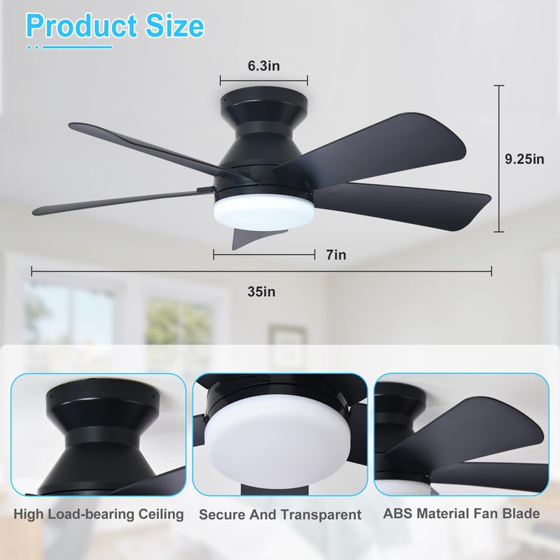 Depuley Modern Ceiling Fan with Light: 35-Inch Black Small Fans