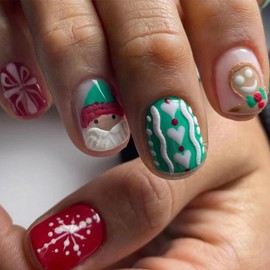 Christmas Short Press on Nails Square Fake Nails Cute Santa Claus Gingerbread Man False Nails Full Cover Stick on Nails Acrylic Xmas Winter Artificial Nails Glue on Nails for Women and Girls 24Pcs