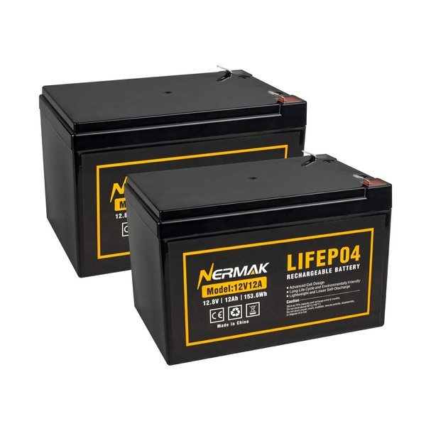 Nermak 2 Pack 12V 12Ah LiFePO4 Deep Cycle Battery, 2000+ Cycles Lithium Iron Phosphate Rechargeable Battery for Solar Power,UPS,Lighting, Power Wheels, Fish Finder, Scooters and More, Built-in 12A BMS