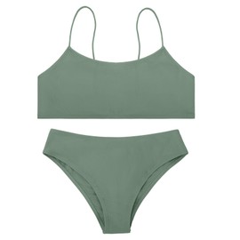 Costume da bagno per ragazze, tinta unita, 2 pezzi, incrociato, spalline regolabili, bikini per ragazze adolescenti con imbottitura sul petto, Verde, 10-11 Anni