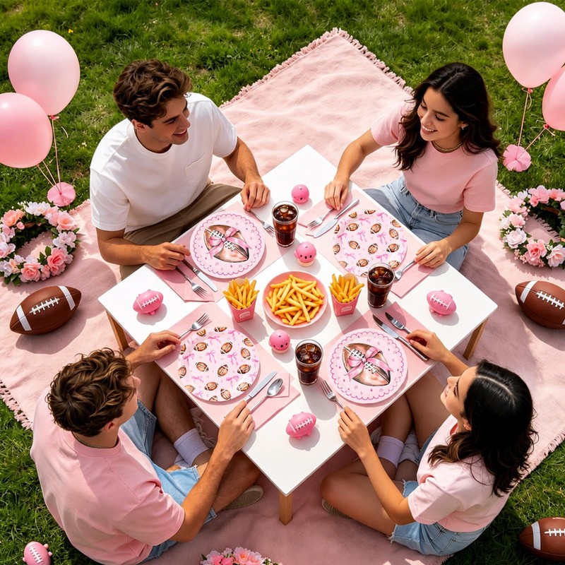24Pcs Pink Bow Football Paper Plates, Touchdowns or Tutus, 7In