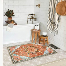 Seavish Boho Bathroom Rugs Washable Rug 24"x36" Orange Oriental Large Bathroom Rugs Quick Dry Shower Mat Retro Front Door Mat Soft Bathroom Rubber Floor Mat for Tub Laundry Room Sink