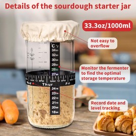 INFTYLE Sourdough Bread Starter Jar Kit 34oz Large Capacity Glass Jar with Date Marked Feeding Band, Thermometer, Cloth Cover & Metal Lid, Reusable Sourdough Bread Home Baking Supplies