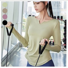 Solid V-Neck Shirred Long Sleeve Top Yoga Wear Olive Green/M 2ea