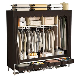 LEAIJIAFY Portable Wardrobe with 4 Drawers, 4 Hanging Rods - 67" Tall Sweater Organizer, Sturdy Easy Temporary Bedroom Wardrobe Organizer, Brown