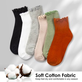 POMIJIAN Cotton Crew Socks Women Cute Ruffle Ankle Socks Ladies Thin Frilly Women's Sock Comfy Casual Dress Socks (CA/US, Alpha, One Size, Regular, Regular, C-6 Pairs Mixed Color-1)