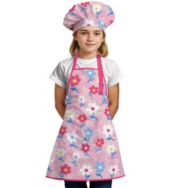 SANDJEST Kid Apron with Front Pocket, 2Pcs Kid Apron and Chef Hat, Chef Cooking Apron for Kids Girls Gardening Baking Painting, Floral Apron Gift