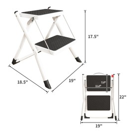 DAWNYIELD Folding 2 Step Stools Portable Heavy Duty Metal Step Ladder with Anti-Slip Base and Wide Pedal Lightweight Foot Step Stool for Beds Kitchen Pantry Office Travel Adults Kids Dog 330 lbs White