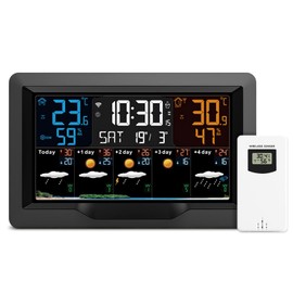 Smart Weather Station Clock, Indoor/Outdoor Wireless Temperature & Humidity Monitor with Digital Atomic Clock, Large Display, Forecast Station with Adjustable Backlight, ℃/℉, Barometer, USB Charger