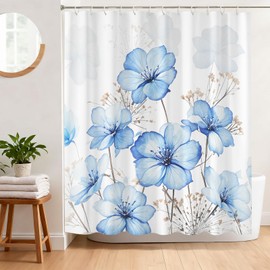 BREASOME Blue Watercolor Floral Shower Curatin Modern Artistic Flower Ink Print Shower Curtains Waterproof Fabric Set for Rustic Bathroom with 12 Hooks, 72x72 Inch