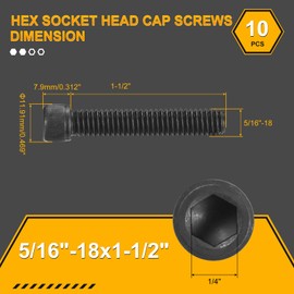 DTGN 5/16"-18x1-1/2" Socket Head Cap Screws Bolts - 10Pack - Good for Road Bicycle, Mountain Bike, Auto, Motorcycle - Carbon Steel Hex Head Metric Screws, Black