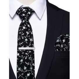 YourTies Black Cotton Floral Tie for Men 2.5" Printed Skinny Necktie Pocket Square Tie Clip Set Flower Wedding Groom