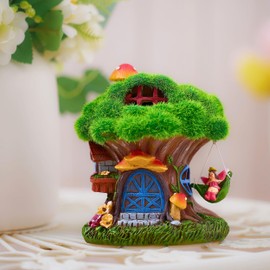 TERESA'S COLLECTIONS Garden Ornaments Outdoors, Solar Green Tree House with Swinging Fairy, Waterproof Resin Fairy House Ornaments, Indoor Outdoor 13CM
