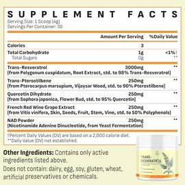 Trans-Resveratrol Powder 3000mg, High Potency Resveratrol Supplement with Quercetin, Pterostilbene, NAD & Red Wine Grape Extract, Antioxidant Blend fo