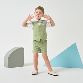 Volunboy Baby Boys' Suit, Summer Suit Vest Shirt with Bow Tie + Shorts for Festive Wedding Clothing Set 4-Piece, light green