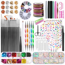 TAVADA Nail Art Brush and Decoration Set, Nail Art Decoration Accessory Set, 15 Pieces Brushes, 5 Sheets Nail Stickers, 5 Pieces Dotted Pen, Rhinestone Nails, Ultra Thin Nail Sequins for Nail Art Manicure
