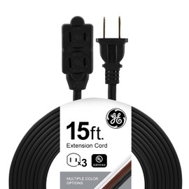 GE 15 Ft Extension Cord, 3 Outlet Power Strip, 2 Prong, 16 Gauge, Twist-to-Close Safety Outlet Covers, Indoor Rated, Perfect for Home, Office or Kitchen, UL Listed, Black, 45154